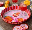 Round metal serving tray with Italian Aperitivo Spritz design featuring cocktail and oranges