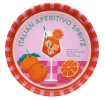 Round metal serving tray with Italian Aperitivo Spritz design featuring cocktail and oranges