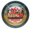 Round metal serving tray with vintage German beer design and colorful town illustration