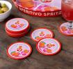 Four round coaster with Italian Aperitivo Spritz design and storage tin