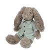 Plush bunny toy with floppy ears, wearing light green shirt and pants