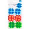 Six bright flower-shaped bag clips in blue, red, and green in packaging 