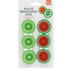 Pack of six round bag clips shaped like kiwi and watermelon slices in green and red