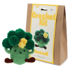Crochet kit packaging placed beside finished crocheted broccoli