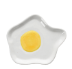 White ceramic trinket dish shaped like a fried egg with yellow yolk design