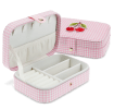 Pink gingham travel jewellery box with multiple compartments and slots.