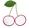Wall mirror shaped like two cherries with red frames and green leaf detail