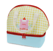 Yellow and white checkered lunch bag featuring a cute kawaii illustration 