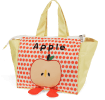 Yellow handbag with red polka dots and a cartoon apple design with two red feet at the bottom