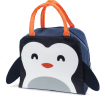 Navy blue lunch bag with orange handles and a cute penguin face design on the front, featuring black wings on each side.
