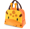 Orange lunch bag with dark brown handles and a cute giraffe face design on the front and two giraffe horns at the top
