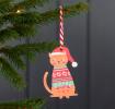 Wooden Christmas decoration of ginger cat wearing festive jumper and hat hanging on tree