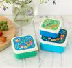 Three plastic snack boxes in blues greens and cream featuring prints of fairies amongst flowers