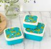 Three plastic snack boxes in turquoise and cream featuring prints of cheetahs