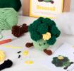 Crochet kit packaging placed beside finished crocheted broccoli