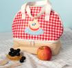 Red and white checkered lunch bag featuring a cute bear illustration 