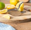 Stainless steel fish‑shaped lemon squeezer on a wooden board with cut lemons.