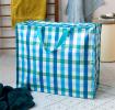 Large storage bag with a multi‑coloured gingham pattern and turquoise handles.