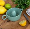 A green ceramic lemon juicer displayed with fresh lemons.