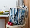 Recycled woven tote bag with canvas handles - White and blue