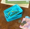 Turquoise mini storage tin with a sardine illustration on the front.