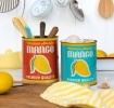 Two mango storage tins, one big orange and one small blue.
