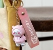 Polar bear bag charm with pink hoodie, silicone wrist strap and silver keyring