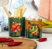 Set of two vegetable broth storage tins with colourful harvest vegetable illustrations