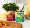 Set of two retro-style storage tins with cherry tomatoes and lemons designs