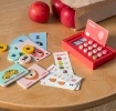 Wooden shopping money play set with toy cards, cash register, coins and receipts