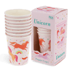 Pack of eight pink paper cups with colourful unicorn and rainbow design placed beside the packaging