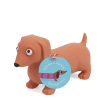 Squeezy squishy toy shaped like a brown sausage dog with floppy ears and a cute face with tag