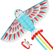 Colorful bird-shaped kite with long tail ribbons, and a red handle with string