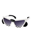 sunglasses with white snow leopard design, black spots, and dark lenses