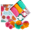Pom‑pom making kit with colorful yarn, pom‑pom tools, and finished pom‑poms.