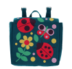Blue children’s backpack with colourful ladybugs, flowers and a butterfly design.