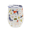 Travel cup decorated with colourful illustrations of playful dogs.
