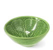 Green ceramic bowl with textured lime-like pattern and glossy finish.