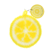 Lemon–shaped dishcloth with a yellow textured surface and hanging loop with tag.