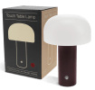 USB lamp with a white dome shade and brown base, shown next to its box