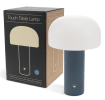USB lamp with a white dome shade and blue base, shown next to its box