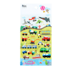 Sheet of colourful vehicle-themed puffy stickers featuring cars, trucks, trains, planes, and boats