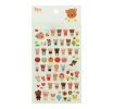 Sheet of colourful 3D puffy stickers featuring cute teddy bear characters in different outfits and poses, with small hearts, fruit, clouds .