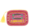 Pink beaded makeup bag with two colourful sardines and a yellow tassel.