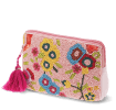 Pink beaded makeup bag with colourful floral designs and a bright pink tassel.