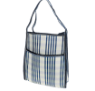Blue and white striped woven bag with a front pocket and shoulder strap.