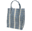 Blue and white striped woven shopping bag with handles.