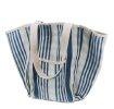 Blue and white striped woven tote bag with canvas handles.