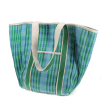 Blue and green striped woven tote bag with canvas handles.