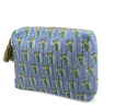 Blue quilted wash bag in blue with a green and blue floral print.